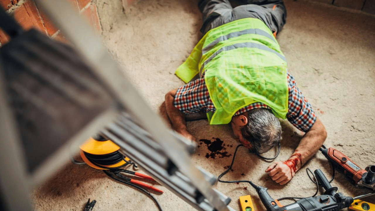A construction worker wearing a safety vest lies face down on the ground next to tools, appearing injured, with blood visible near his head and on his arm.