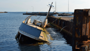 A partially sunken boat leans against a rusted harbor wall, with calm water and other boats visible in the background under a clear sky.