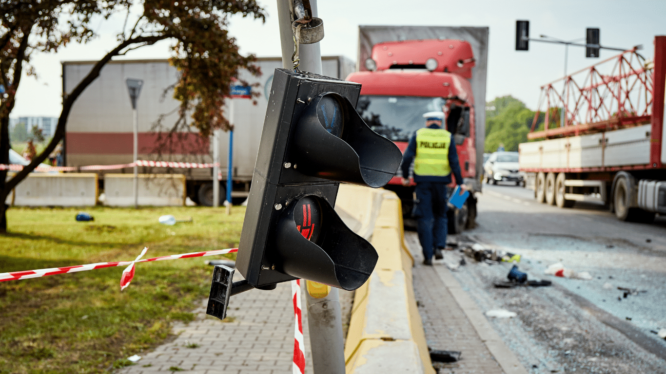 Damaged traffic light beside a road after an accident involving two trucks; police officer stands nearby with debris and broken glass on the ground.