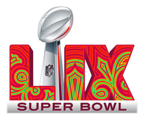 Super Bowl LIX logo featuring a stylized football trophy and vibrant red and green patterns.