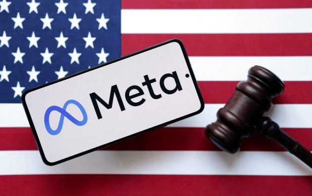 A Meta logo sign and a gavel rest on an American flag background.