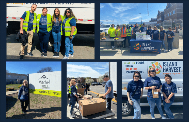 Collage of people volunteering at an Island Harvest event, distributing food and standing near a Mitchel Homes Community Center sign and branded banners outdoors.