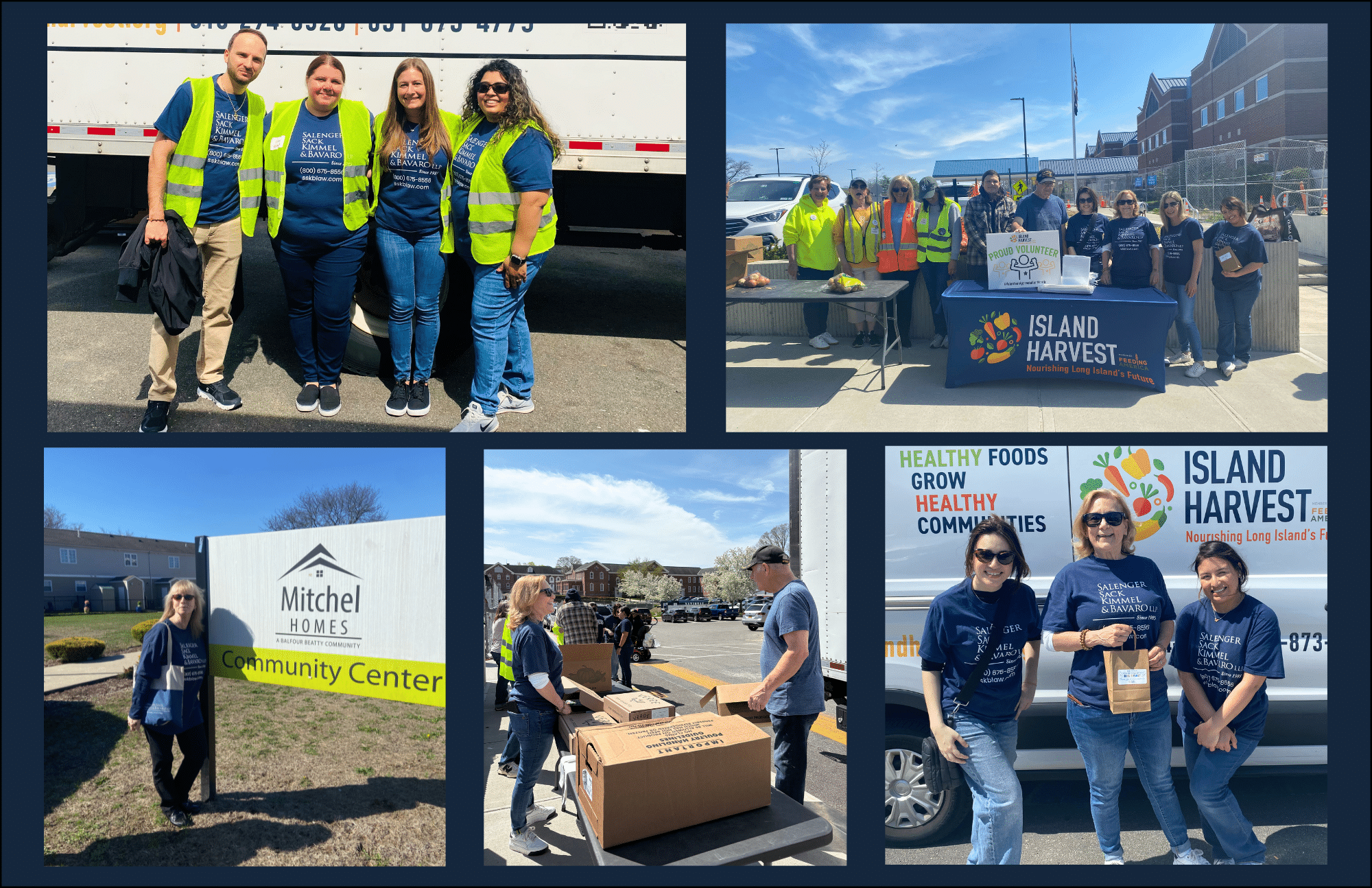Collage of people volunteering at an Island Harvest event, distributing food and standing near a Mitchel Homes Community Center sign and branded banners outdoors.
