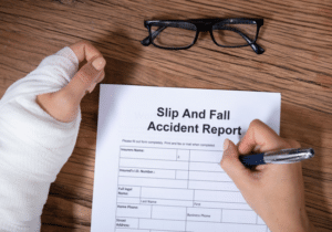 A person with a bandaged hand fills out a slip and fall accident report form on a wooden table. Glasses are placed above the form.