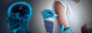 A medical illustration of a human brain with a highlighted area is shown next to a person receiving an injection in their upper arm from a healthcare worker.