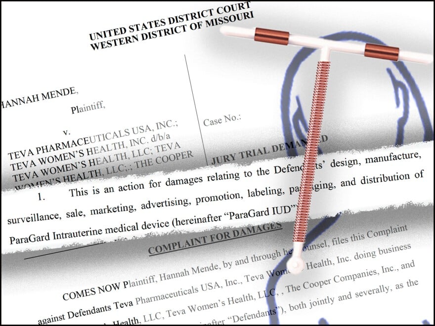 A legal document from the U.S. District Court, Western District of Missouri, about a case involving the ParaGard IUD, with an image of the IUD device overlaid on the text.