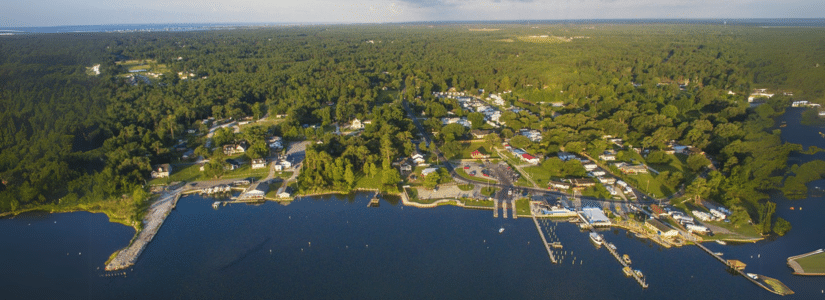 Aerial view of a small waterfront town with docks, houses, and dense green forest surrounding the shoreline.