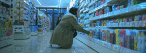 A person in a coat squats to browse items on the lower shelves in a brightly lit convenience store aisle.