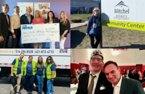 A collage of four photos: people holding a large check, a woman standing by a community center sign, four people in safety vests, and two men at a formal event.