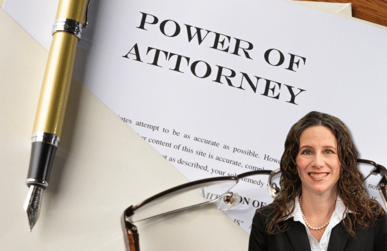 A Power of Attorney document, a pen, and eyeglasses are on a desk; a woman in professional attire is smiling in the foreground.