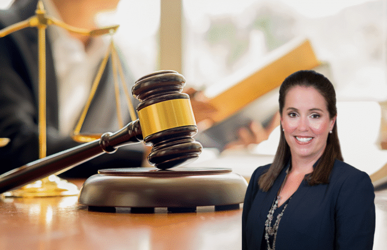 A woman in business attire stands in front of a blurred background featuring a judge’s gavel, scales of justice, and a person reading a legal book.