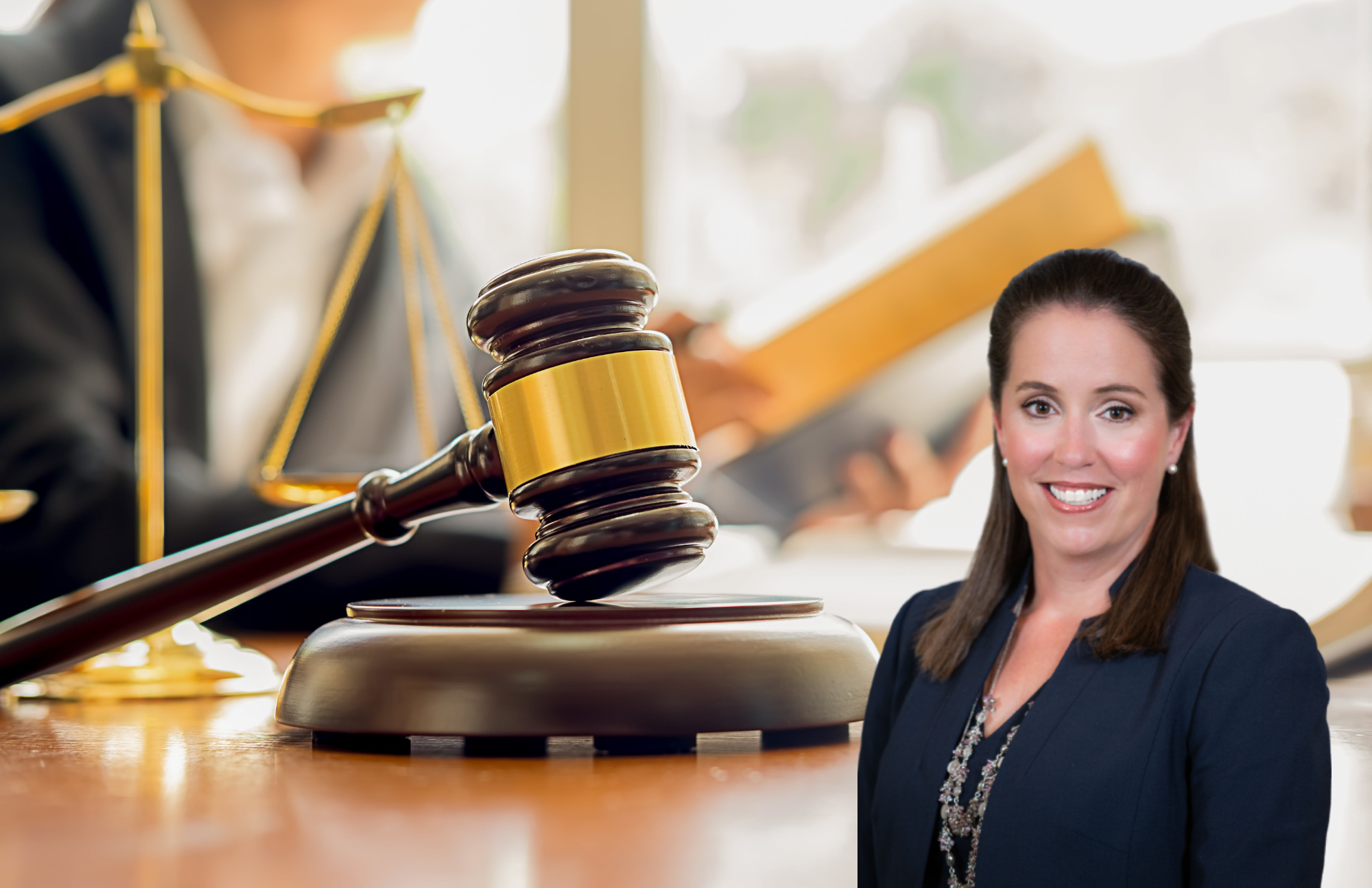 A woman in business attire stands in front of a blurred background featuring a judge’s gavel, scales of justice, and a person reading a legal book.