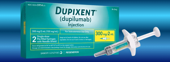 A box of Dupixent (dupilumab) injection with labeling information, shown next to a pre-filled syringe containing the medication.