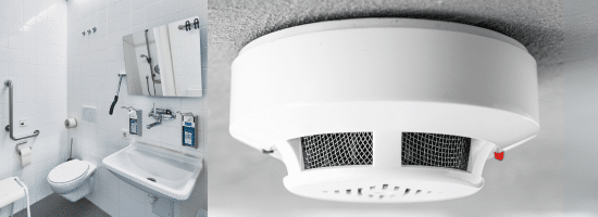 A white accessible bathroom with grab bars, a wall-mounted sink, and a mirror is shown on the left; a close-up of a white smoke detector on the ceiling is shown on the right.