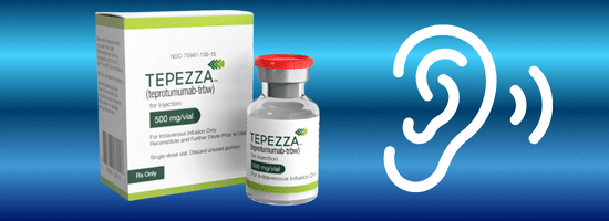 Box and vial of TEPEZZA medication next to a large white ear icon on a blue gradient background.