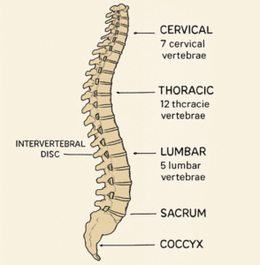 Diagram of a human spine labeled with cervical (7 vertebrae), thoracic (12), lumbar (5), sacrum, coccyx, and an intervertebral disc.