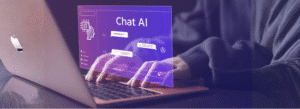 A person types on a laptop with a translucent screen displaying "Chat AI" and digital chat icons in the foreground.