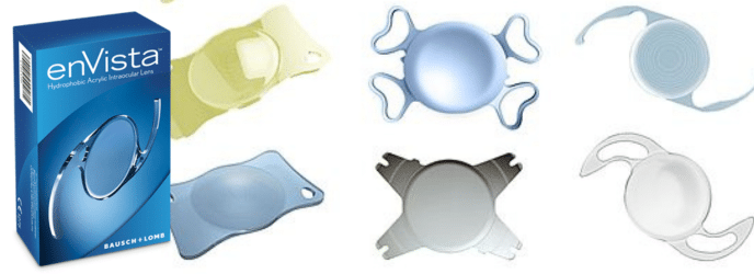 A box of enVista intraocular lens is shown next to six different designs of intraocular lenses arranged in two rows.