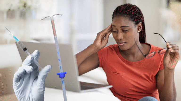 A woman sits on a couch holding her glasses and her head, while a gloved hand holds a syringe and an intrauterine device in the foreground.
