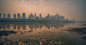A hazy city skyline is reflected in polluted water with visible floating debris and trash in the foreground under a cloudy sky.