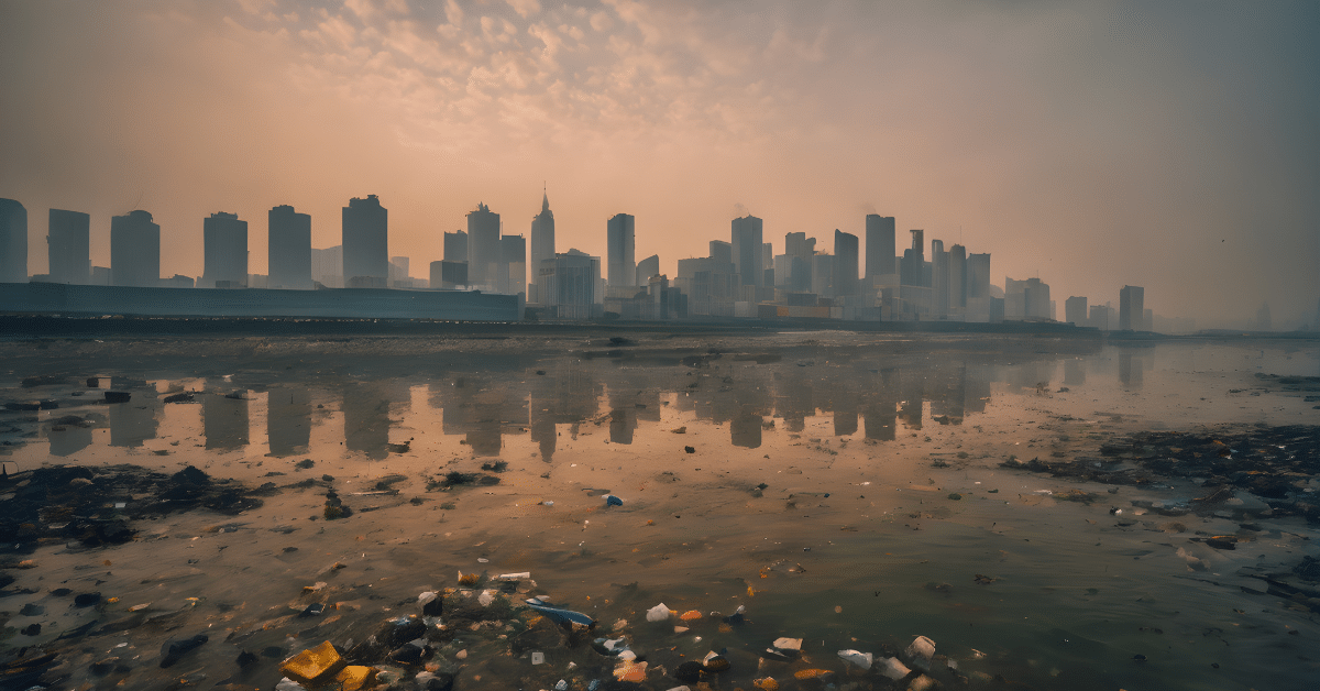 A hazy city skyline is reflected in polluted water with visible floating debris and trash in the foreground under a cloudy sky.