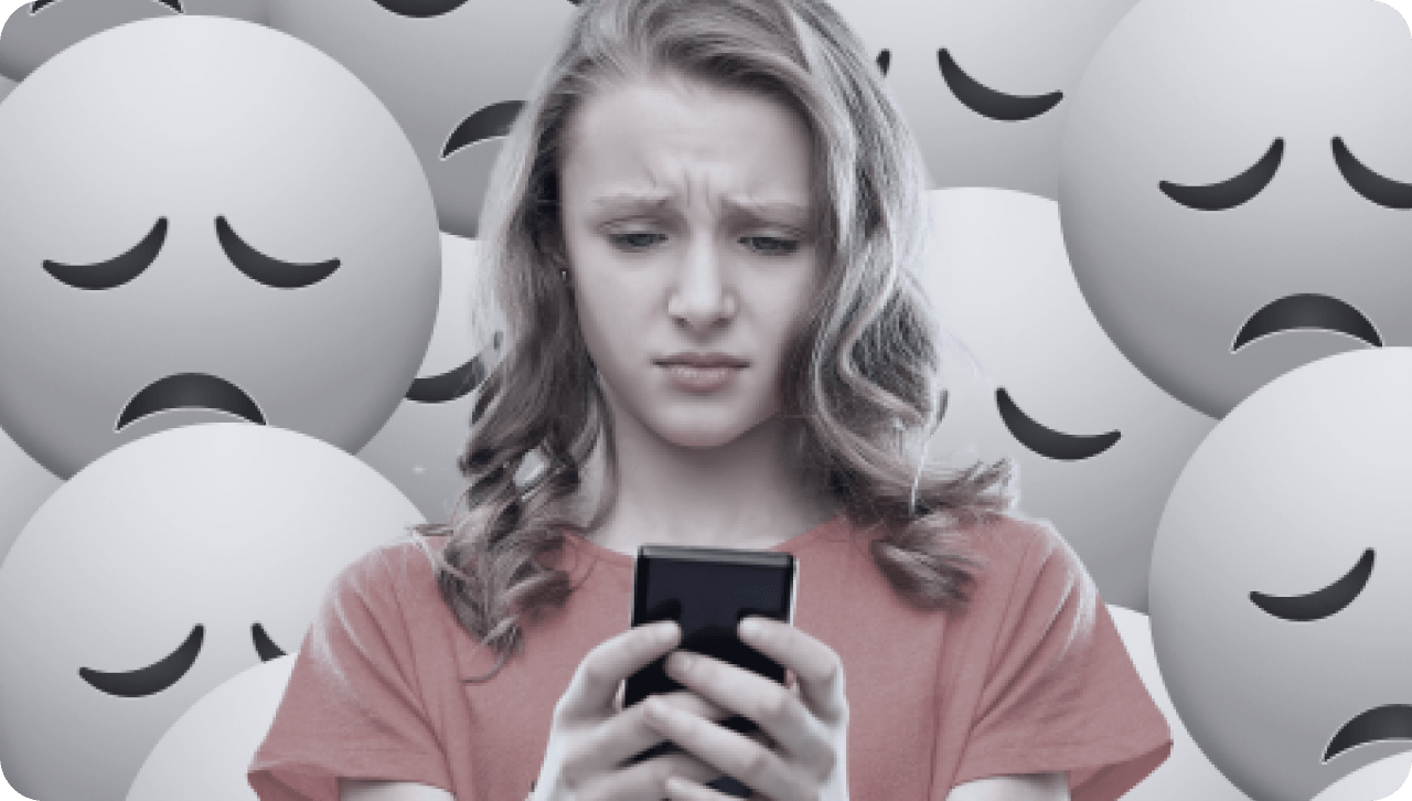 A young person looks concerned while reading a phone, with numerous sad face emojis in the background.