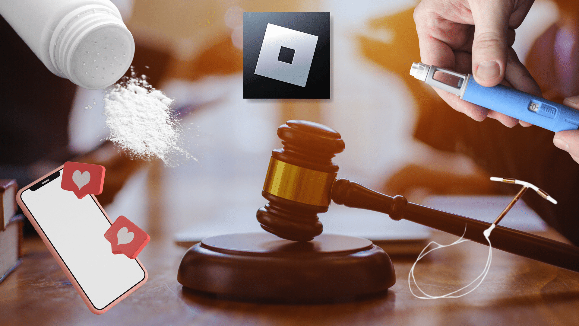 Collage of a gavel, insulin pen, spilled white powder, phone with social media likes, Roblox logo, and an intrauterine device, representing various topical issues and debates.