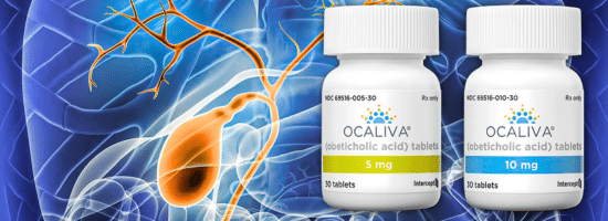 Two bottles of Ocaliva (obeticholic acid) tablets, 5 mg and 10 mg, are shown in front of a medical illustration of the liver and bile ducts.