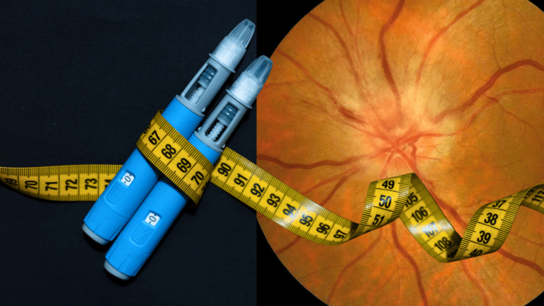 Two blue medical injection pens wrapped with a yellow measuring tape, next to a close-up image of an eye retina.