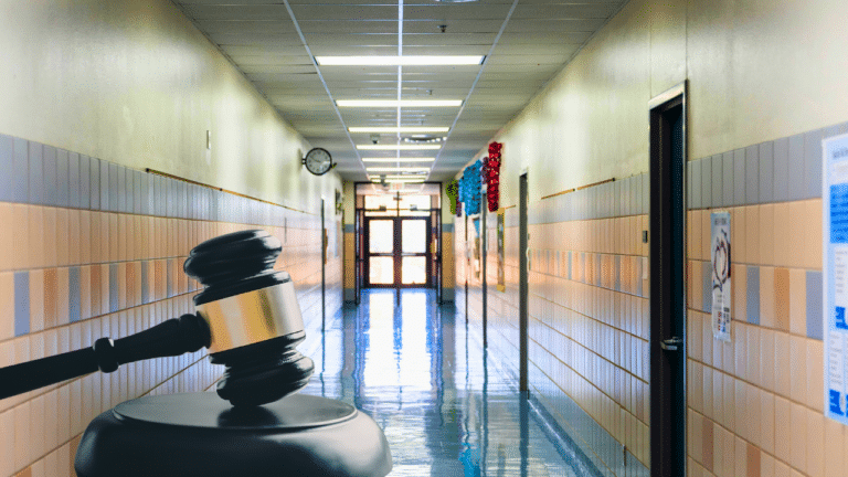 A judge’s gavel is superimposed on an image of a school hallway with tiled walls, classroom doors, and posters on the walls.