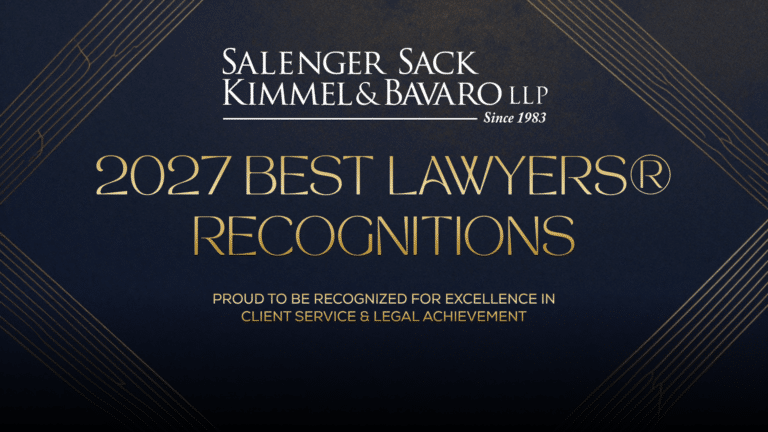 Salenger Sack Kimmel & Bavaro LLP 2027 Best Lawyers Recognitions; award for excellence in client service and legal achievement on a dark blue background with gold geometric lines.