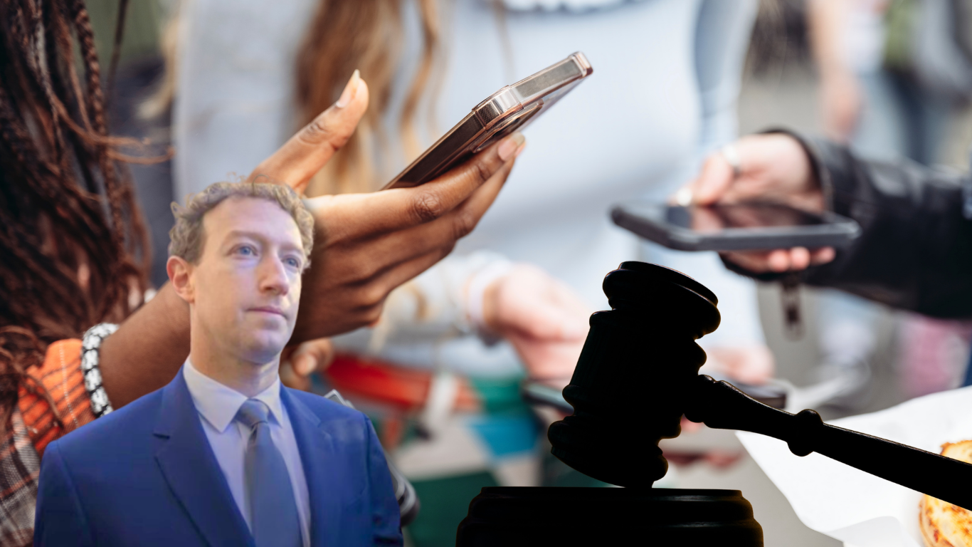 A man in a suit stands in front of a gavel silhouette, with people using smartphones in the background.